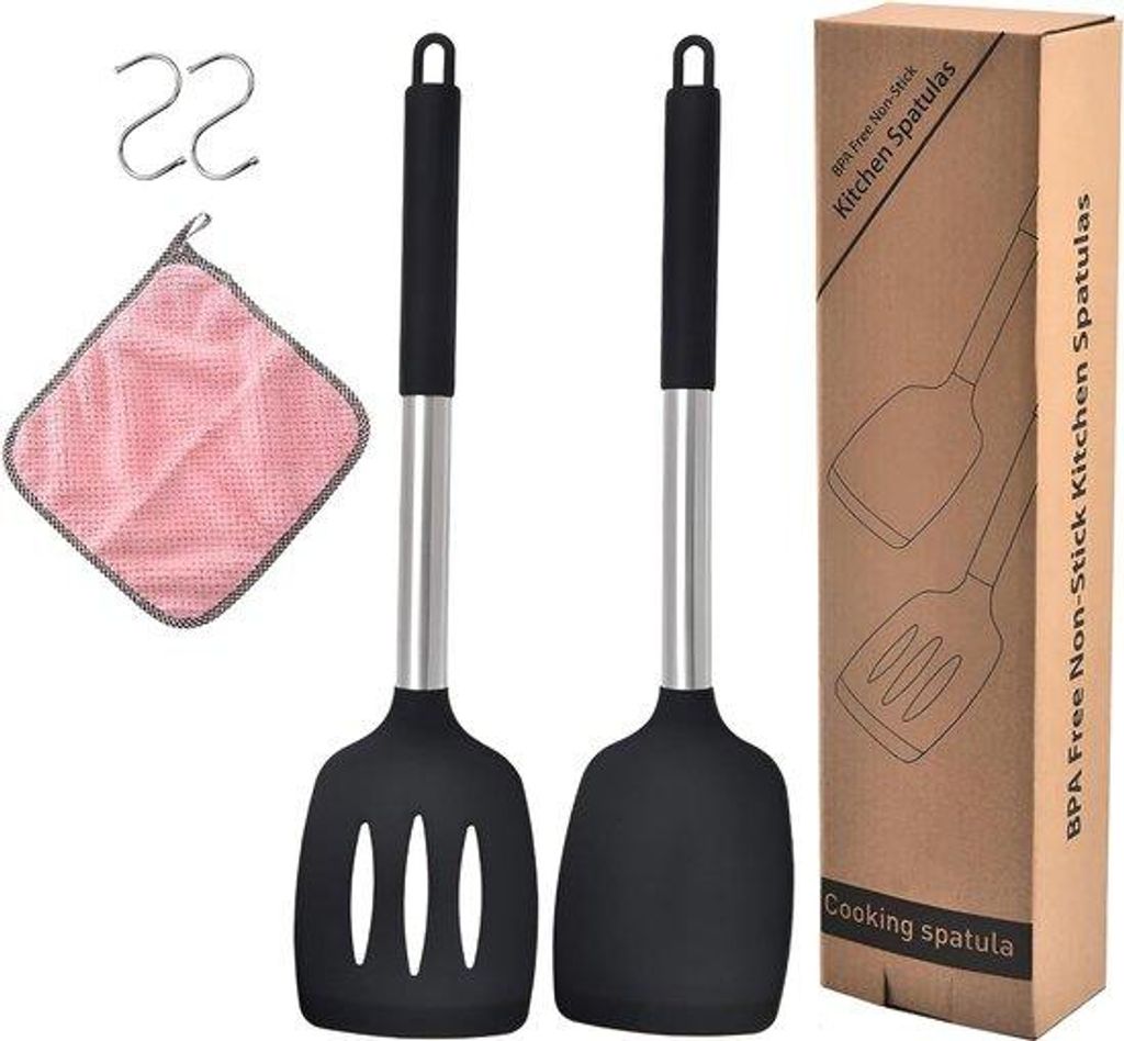 Silikon-Spatel-Set, Edelstahl, hitzebeständig, schwarz, antihaft