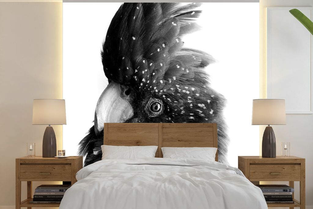 MuchoWow Fototapete für Wohnzimmer oder Schlafzimmer Wandtapete Vinyl Motivtapete Nahaufnahme eines Kakadus vor einem rosa Hintergrund - schwarz...