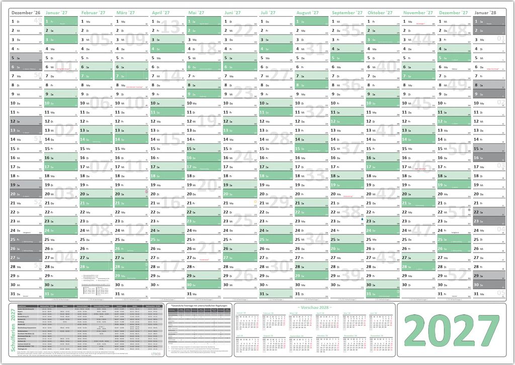 Green Wandkalender / Wandplaner 2027 (gerollt) Classic1 DIN A0 Format (841 x 1189 mm) 14 Monate, komplette Jahresvorschau Folgejahr und Ferientermi...