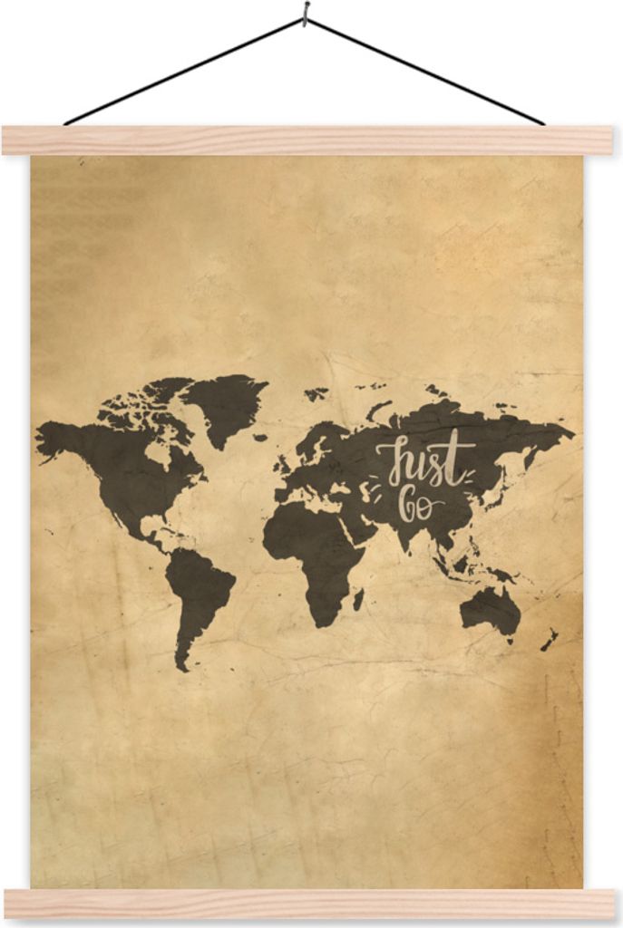 MuchoWow Textilposter Weltkarte - Vintage - Zitate 40x53 cm mit holzfarbenen Rahmen - Schlafzimmer