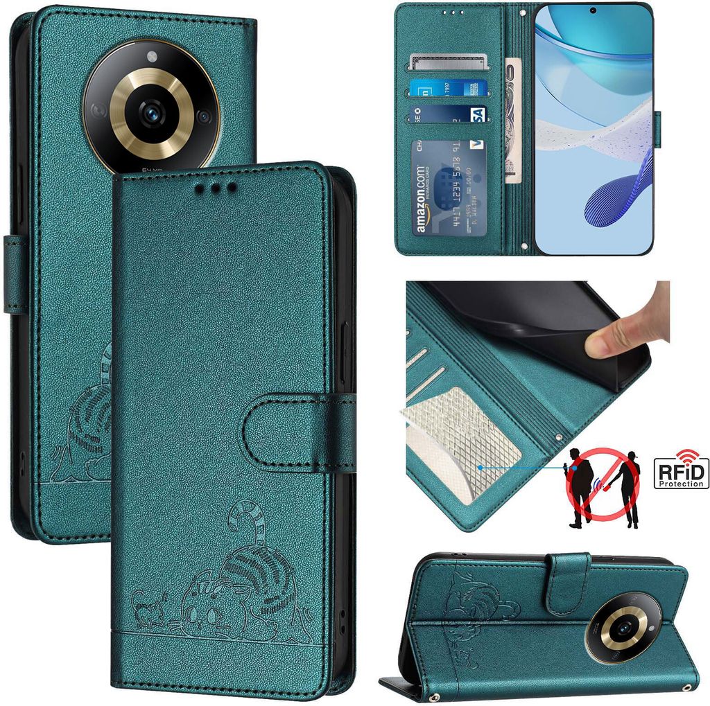 Leder Hülle für Realme 11 4G Süße Katze Flip Case Brieftasche Schutzhülle mit Standfunktion Grün