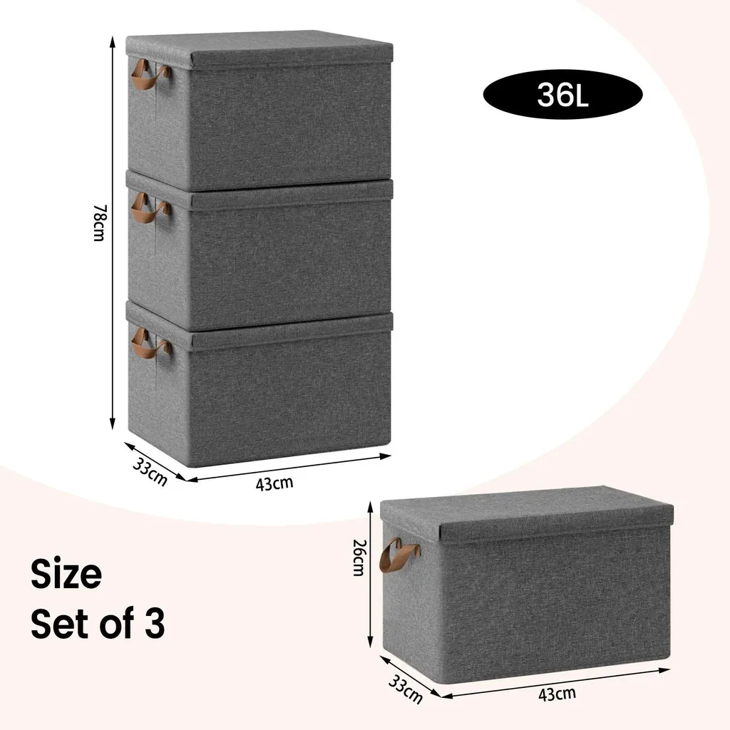 Rangement vêtements et couvertures : 3 boîtes pliables 36L avec couvercles