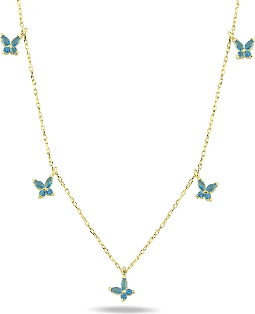 Pendentif papillon porte-bonheur en argent doré et aigue-marine bleue