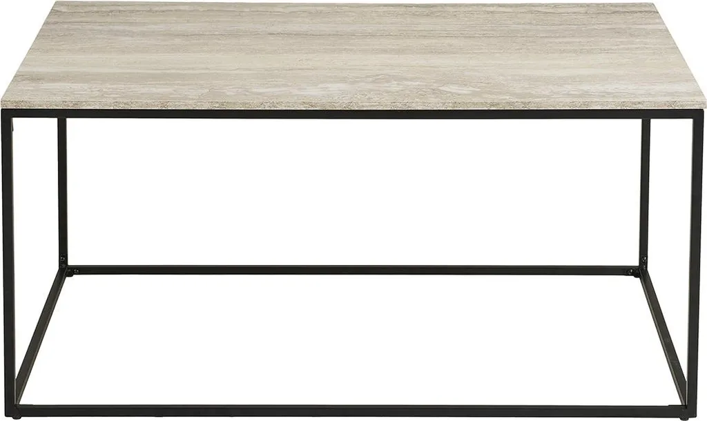 Table de salon ronde plateau travertin et pieds métal noir 90 cm