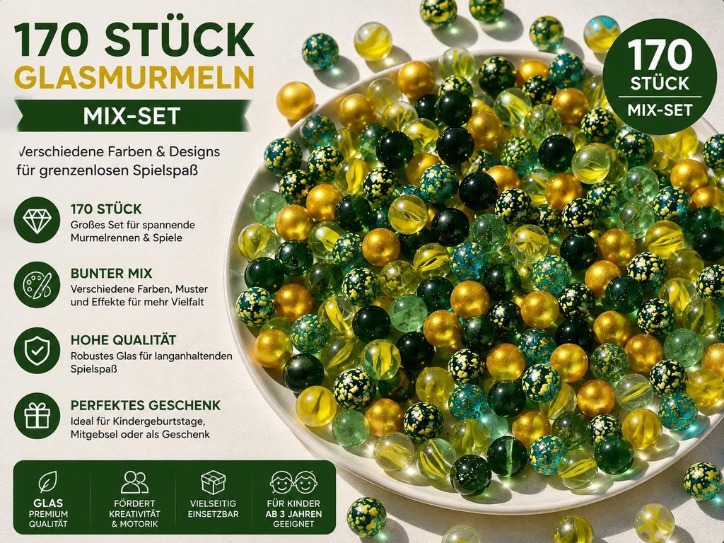 170 Stück Glasmurmeln Mix Grün Gold – Bunte Murmeln aus Produktbild  KI-generiertes Bild