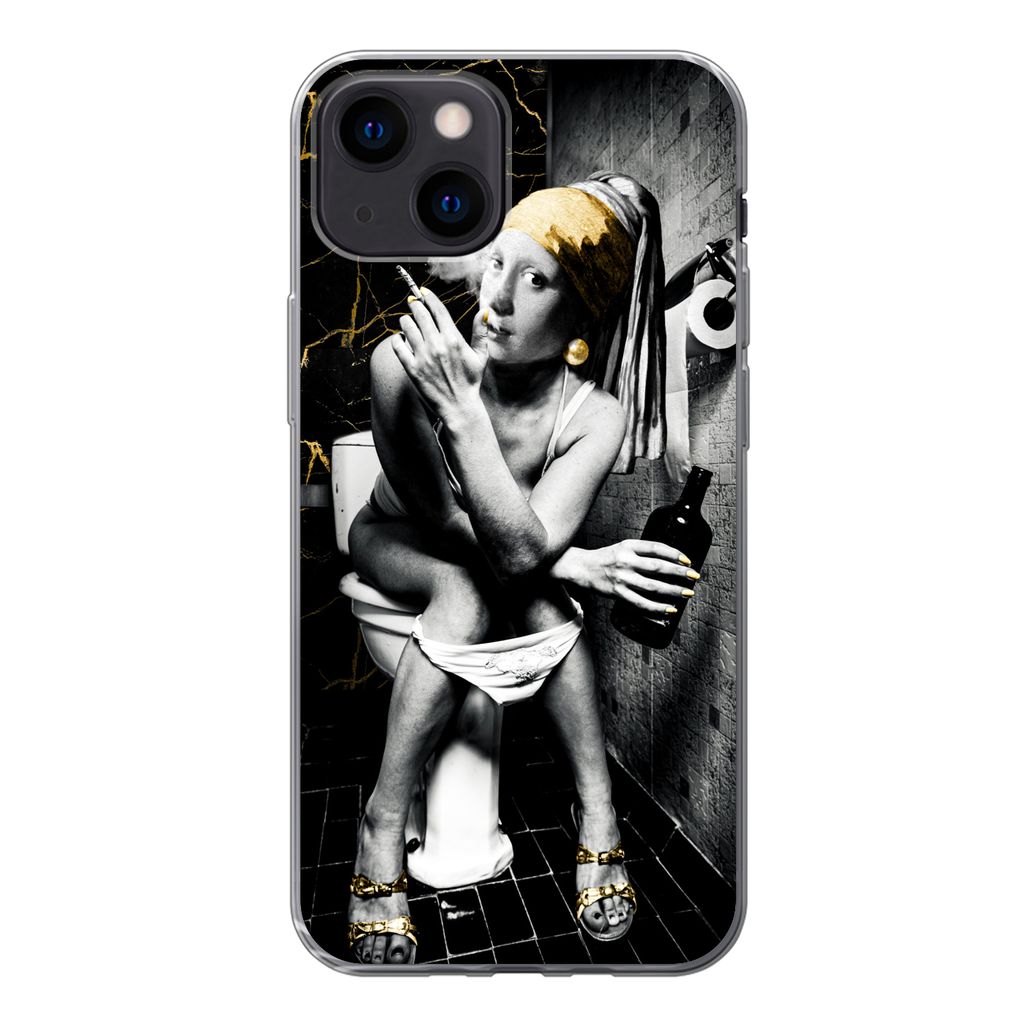 MuchoWow Handyhülle Schutzhülle Hülle für iPhone 13 mini Marmoroptik - Mädchen mit Perlenohrring - Zigaretten - Toilette - Gold - Kunst - Al...