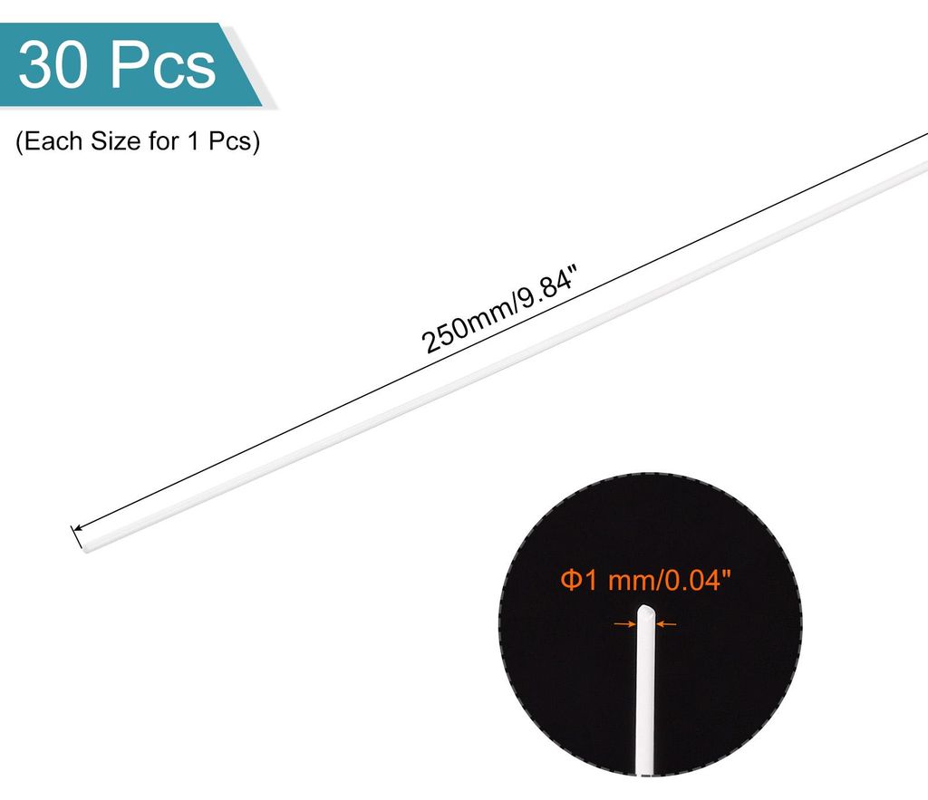 30 Stš¹ck ABS Kunststoffst?be, Durchmesser 1mm 2mm 3mm 4mm 5mm 6mm L?nge 250mm Kunststoffstab Rund fš¹r Mechanischer Einsatz, Schulprojekt, Wer...