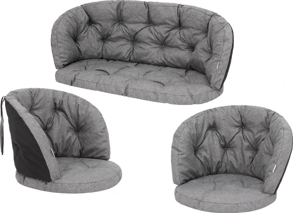 Gartenkissen-Set Amanda 1+2 – 3-teilig, für Rattanmöbel, 5 cm dick, mit Bändern, wetterfest | PillowPrim