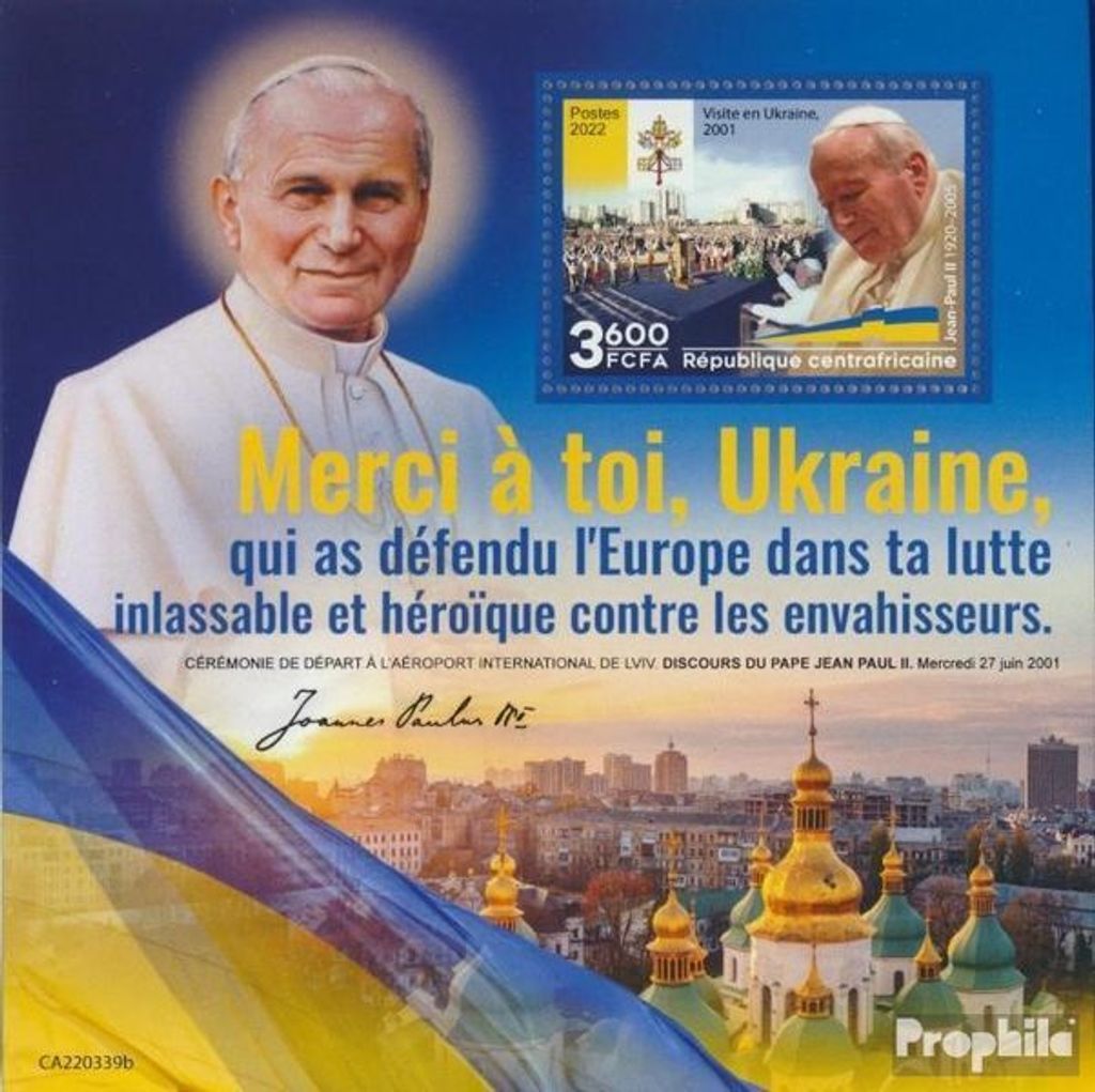 Briefmarken Zentralafrikanische Republik 2022 Mi Block postfrisch Papst Johannes Paul II.