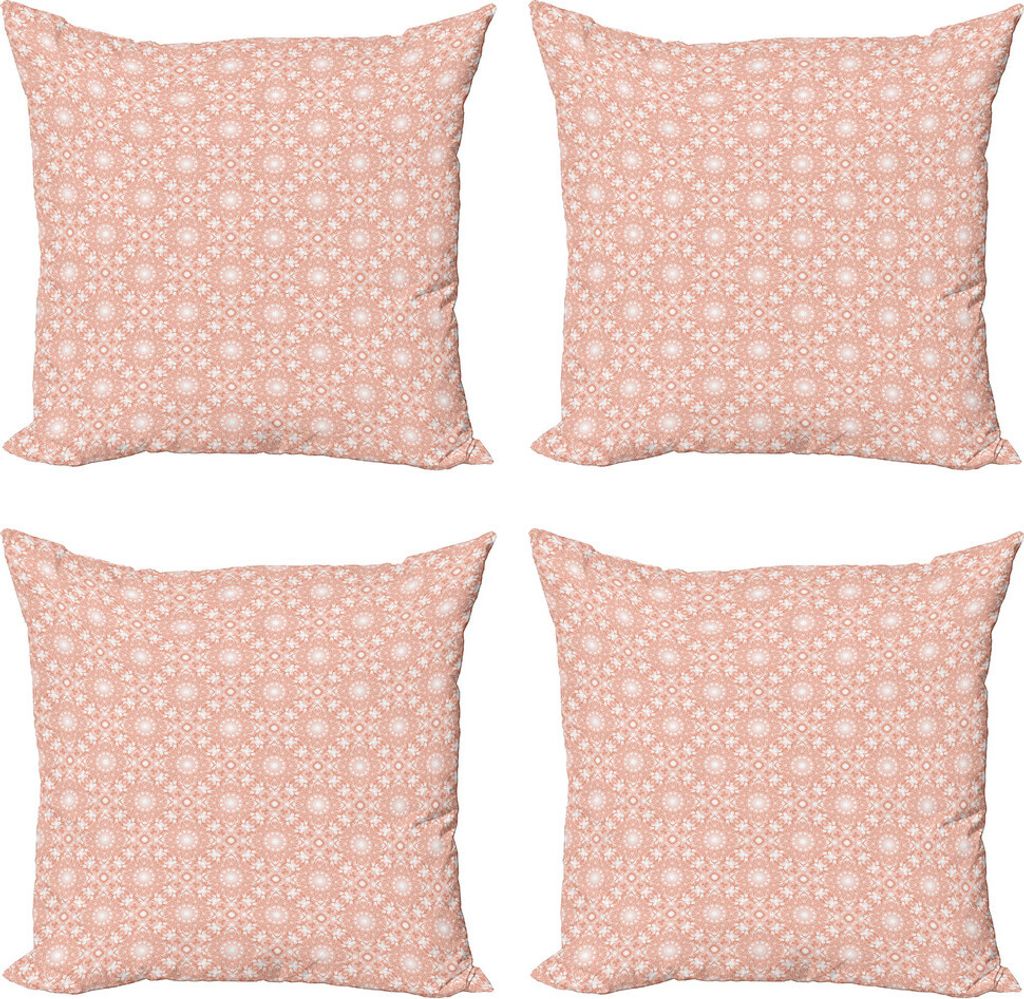 ABAKUHAUS Koralle Kissenbezug Set (4 Stück), Flourishmuster, Moderner Doppelseitiger Digitaldruck, 50 cm x 50 cm, Weiß und Coral