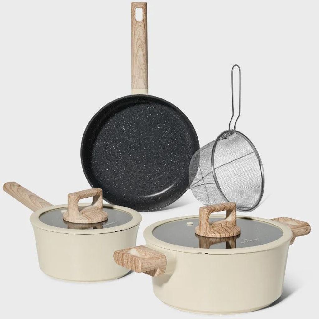 Just Perfecto JL-331: 6 Pieces Marble Coated Cookware Set with Rubber Rim Lids - Beige