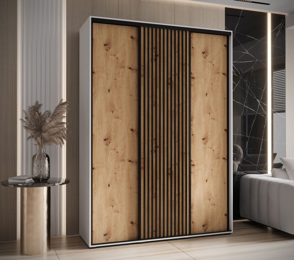 Kleiderschrank FIDELIA 1 – 170/45 cm, weiß/Eiche handwerklich/schwarz