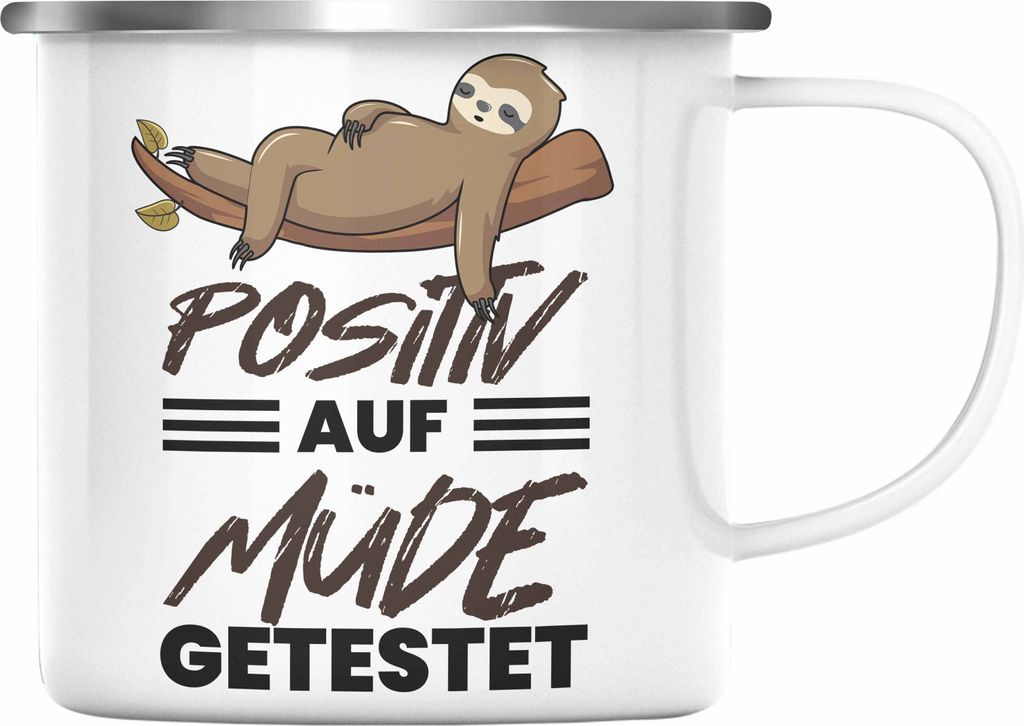 Trendation - Positiv Auf Müde Getestet Lustige Emaille Tasse für Frauen Männer Geschenk Kollegin Freundin Lusiger Faultier Becher (Silber)
