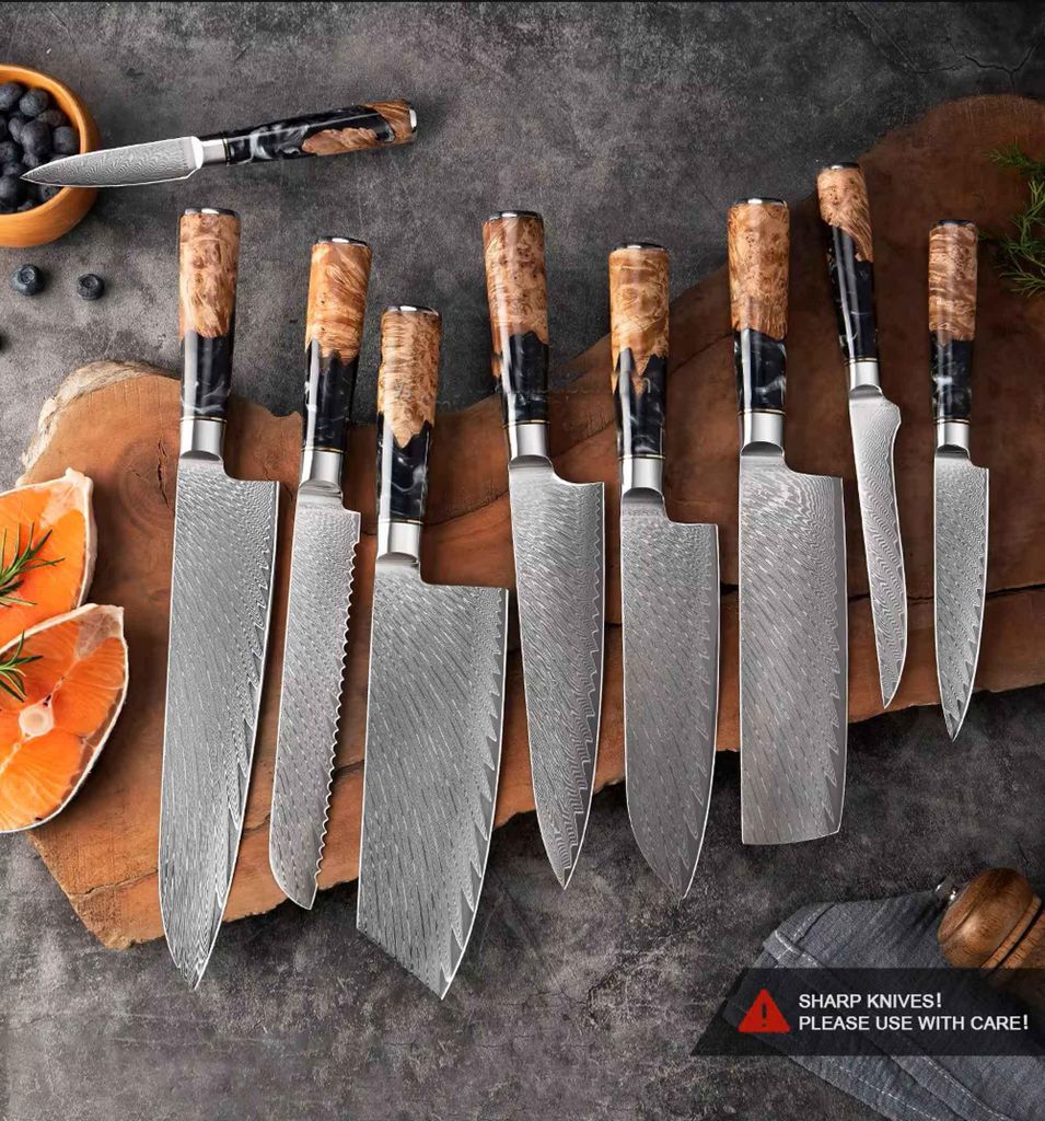 9-teiliges Damast Küchenmesser Set Damast VG10 Stahl 67 Lagen, extrem scharf – extrem schön.67 Lagen Kochmesser so individuell wie Deine Rezept...