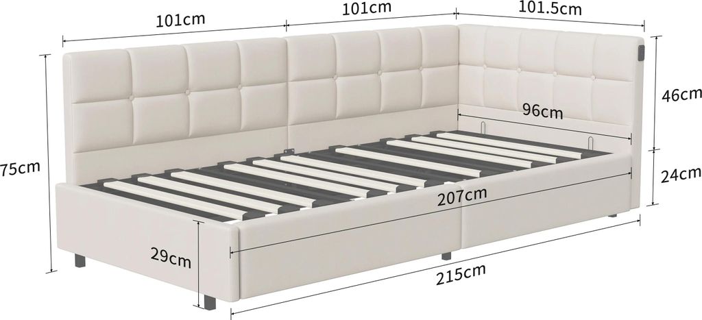 Schlafsofa in L-Form - Tagesbett/Einzelbett - 90x200 cm - Hydraulischer Bettkasten - USB-Ladeanschluss - Samtbezug - Metallrahmen - Beige