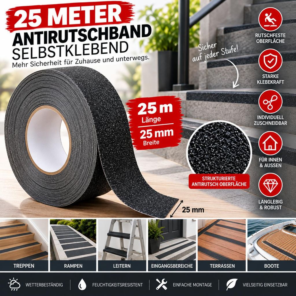 Antirutschband selbstklebend 25 m x 25 mm – Rutschfestes Produktbild  KI-generiertes Bild