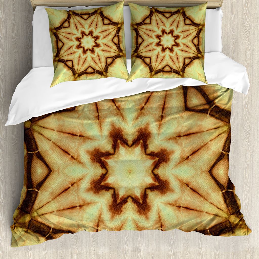 ABAKUHAUS Braun Bettbezugs Set Für Doppelbetten, Mandala Grunge ethnischen, Milbensicher Allergiker geeignet mit Kissenbezügen, Senf Braun