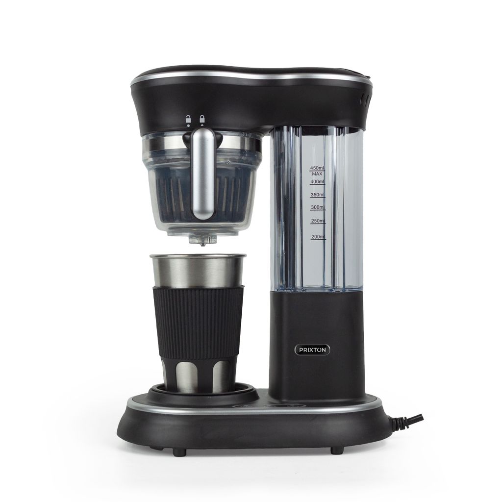 A black coffee maker with a stainless steel cup is shown against a white background.