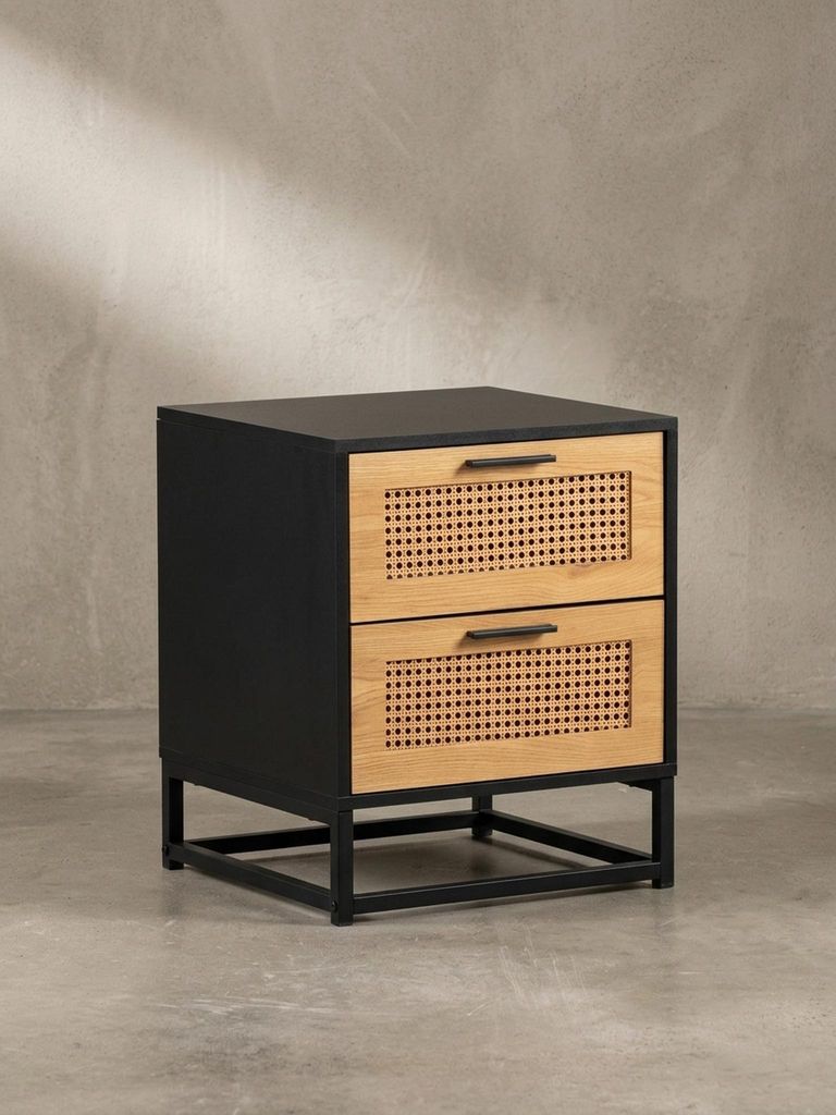 Nachtkonsole Schwarz mit Wiener Geflecht 45x45x56 cm Nachttisch Zeitlos, Nachtkommode Boxspringbett mit Schubladen, Nachtkästchen mit Stauraum