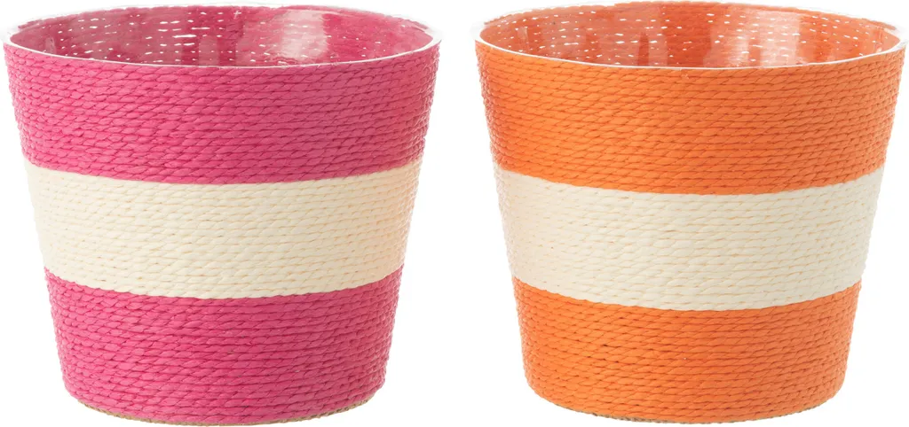 Cache-pot J-Line en Cordes de Papier et PET Rose Orange Moyen - Lot de 2