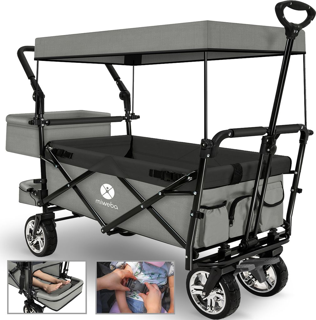 Miweba Faltbarer Bollerwagen MB-20 | Sonnendach - Schiebe- & Zugstange - Stauraumverlängerung - 360° Räder - Bis 100 Kg (Hellgrau/Dunkelgrau V2)