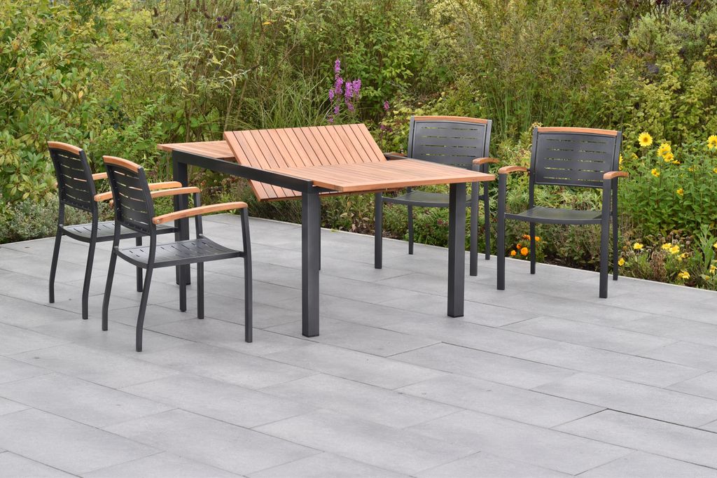 Merxx Gartenmöbelset "Tinos" 5tlg. mit Ausziehtisch 150/200 x 90 cm - Aluminiumgestell Graphit mit Akazienholz