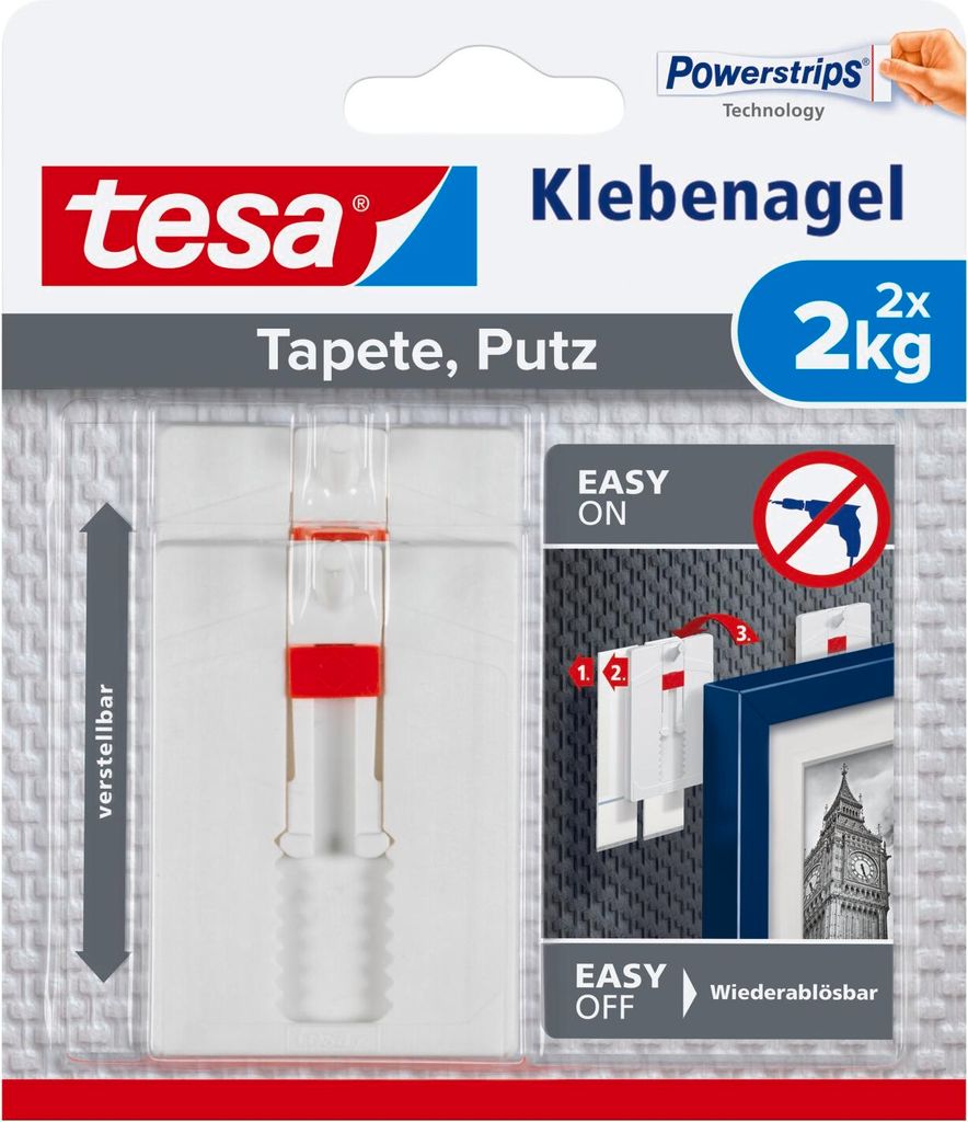 tesa Klebenagel für Tapeten und Putz verstellbar Powerstrips Nagel 2 Stück 2 kg