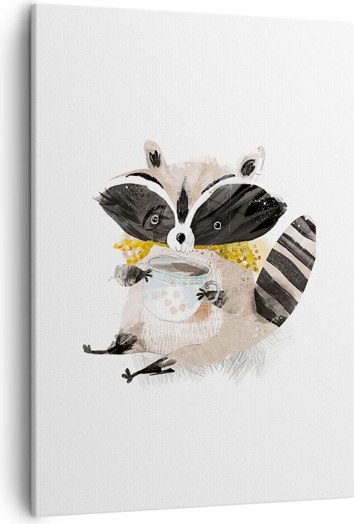 Bild auf Leinwand - Leinwandbild - Einteilig - Waschbär Tasse Kinder - 50x70cm - Wand Bild - Wanddeko - Wandbilder - Leinwanddruck - Wanddekoratio...