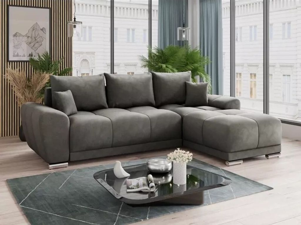 Design Ecksofa SYDNEY L-form mit Samtbezug Monolith 85 dunkelgrau Ecksofa mit Schlaffunktion und und Bettkasten Erweiterungssystems DL