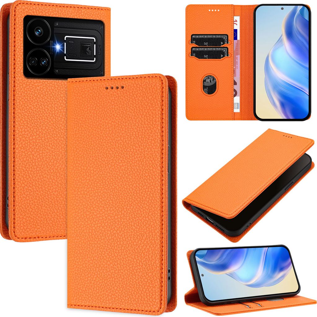 Litchi Leder Handyhülle für Realme GT5 204W/Realme GT5 Wallet Kartenfächer Standfunktion Hülle Orange