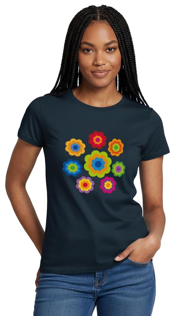 Spreadshirt 70er Jahre Hippie Flower Power Kostüm Blumen Fasching Frauen T-Shirt, S, Navy