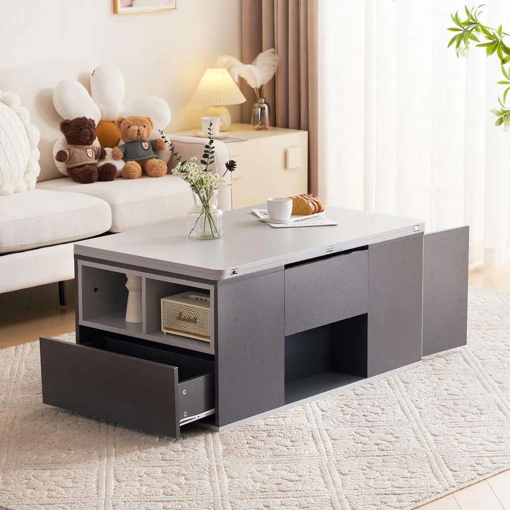 Table basse relevable bicolore grise avec rangement moderne pour salon - 3