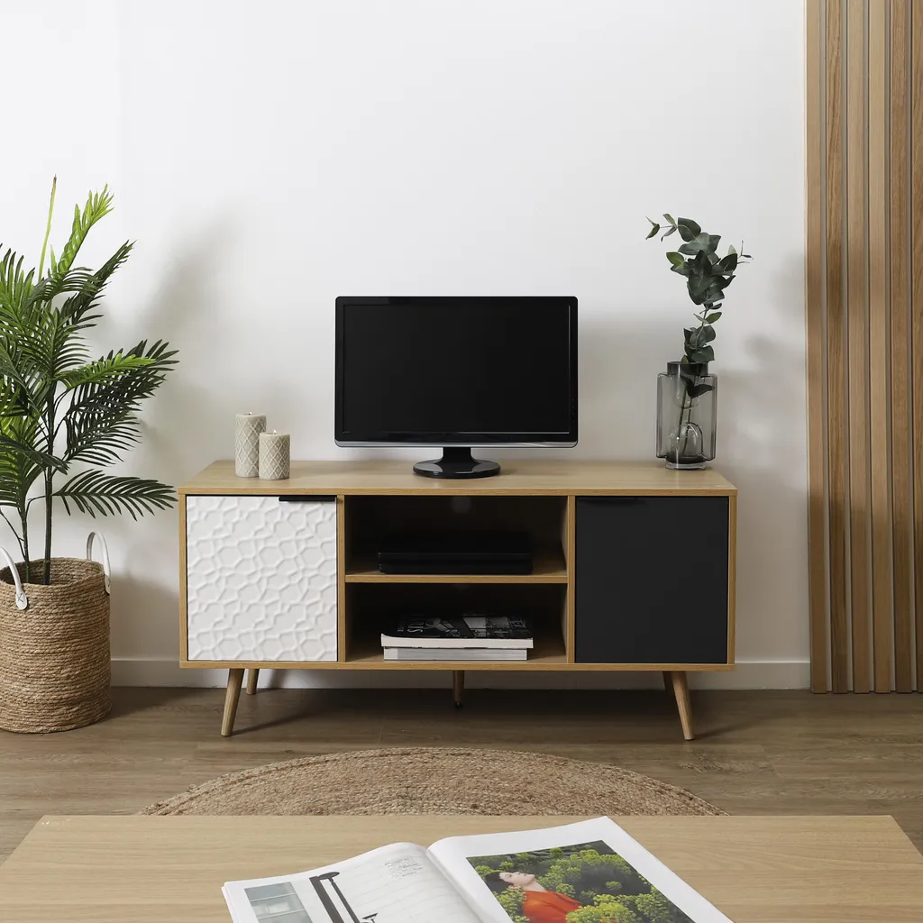 Meuble TV Sven 2 Portes en Chêne et Blanc - Rangement Salon Scandinave