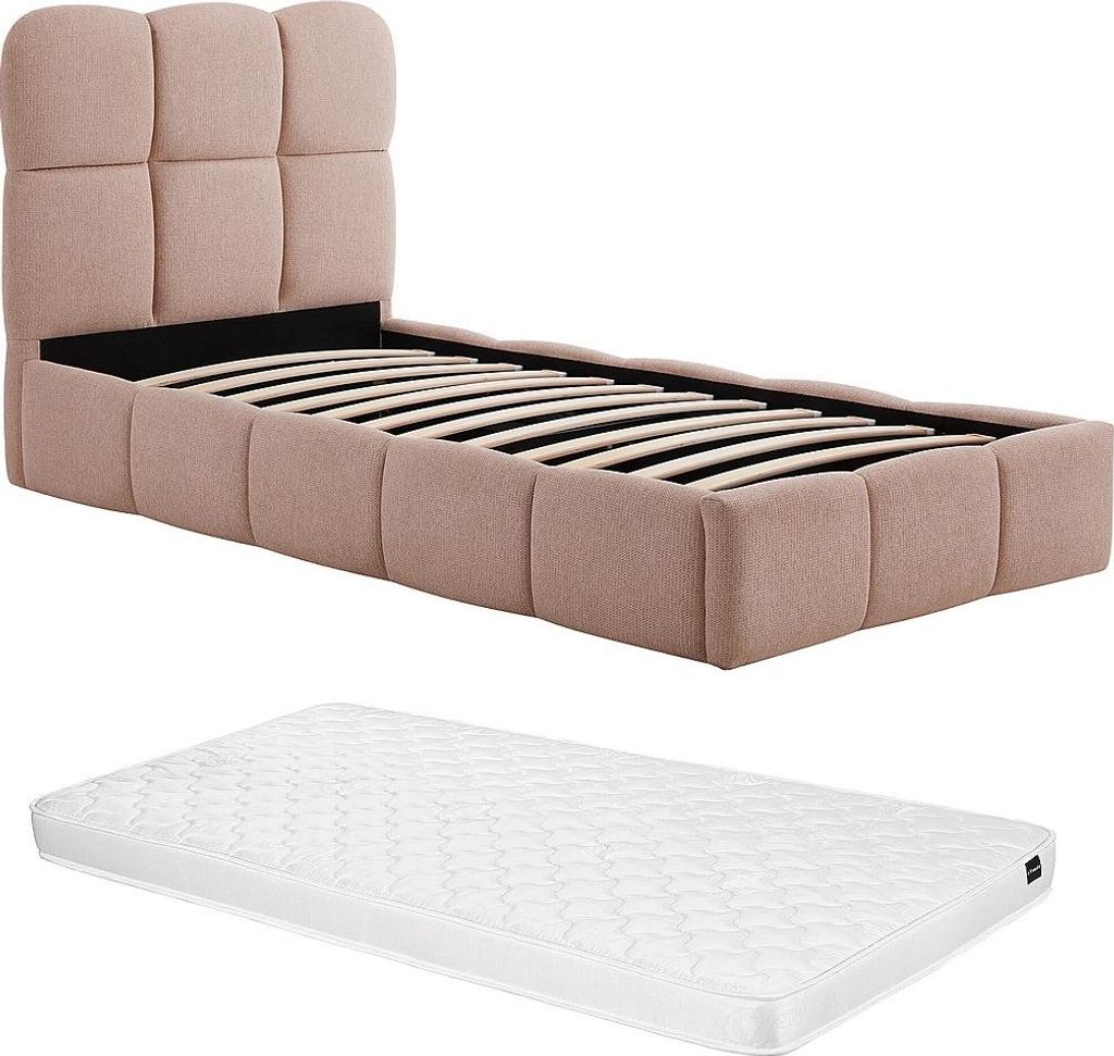 Bett mit Stauraum 90 x 190 cm – Strukturierter Stoff – Rosa + Matratze – DILUDO