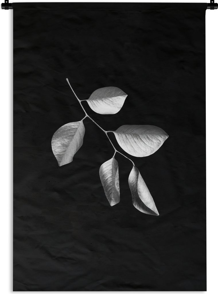 MuchoWow Wandteppich Wandbehang Zweig mit Blättern auf schwarzem Hintergrund - schwarz und weiß 60x90 cm Tapisserie Dekoration Wandtuch - Foto-...