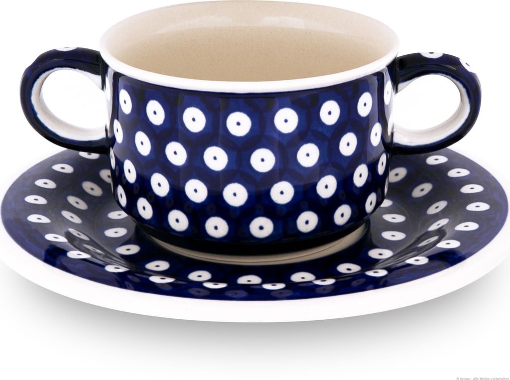Original Bunzlauer Keramik 260 ml Suppentasse Ø10,5 mit Henkel und Untertasse Ø19,5 cm im Design 42