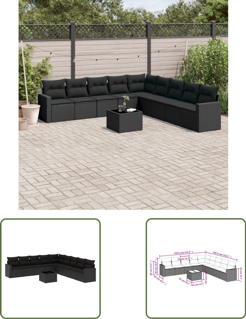 The Living Store 10-tlg. Garten-Sofagarnitur mit Kissen Schwarz Poly Rattan