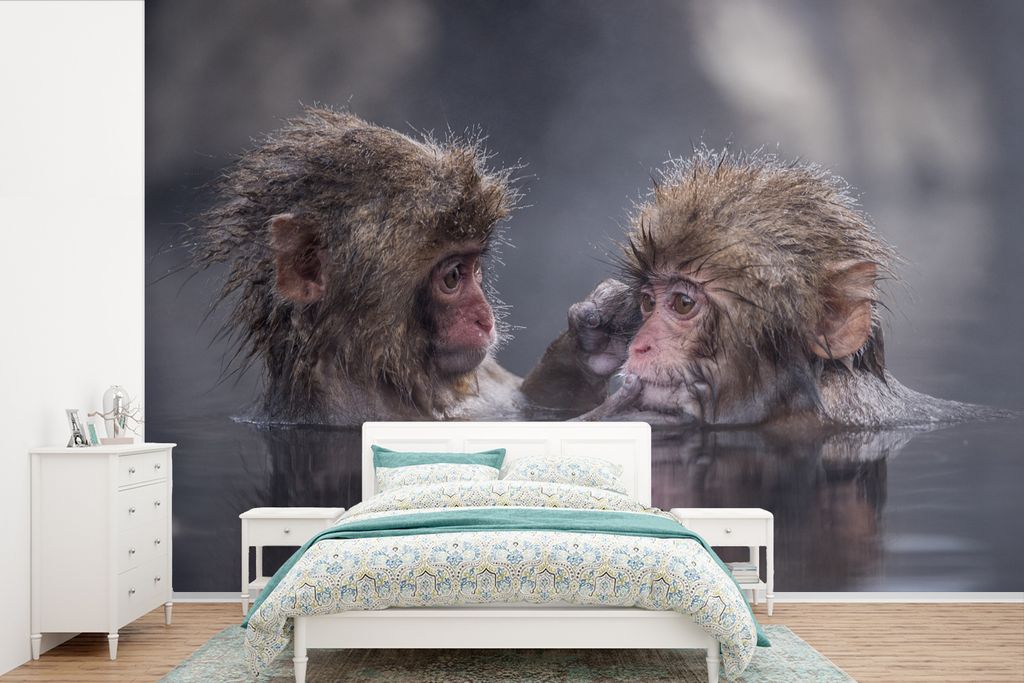 MuchoWow Fototapete für Wohnzimmer oder Schlafzimmer Wandtapete Vinyl Motivtapete Affen - Wasser - Freunde - 330x220 cm - Fototapeten