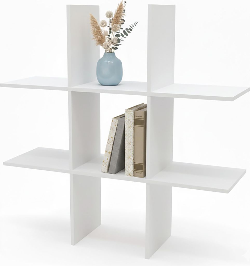 A white shelf unit with decorative items.