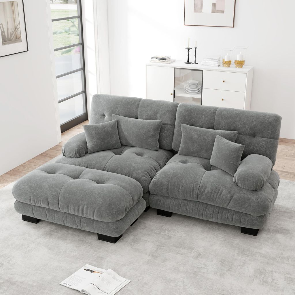 Cloud Ecksofa für Wohnzimmer, Chenille Doppelsofa mit 2 Lendenkissen und 2 Dekokissen, Polstersofa mit breiten Armlehnen und Ottoman, Chenille,Grau