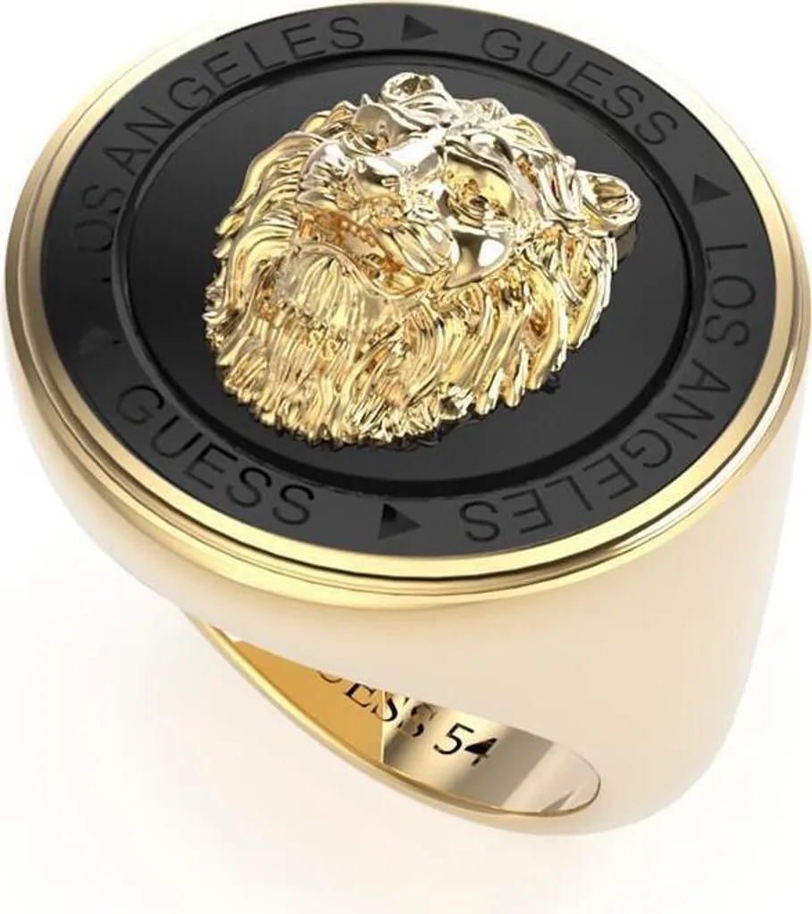 Anello Guess a forma di testa di leone per uomo in acciaio inossidabile e oro