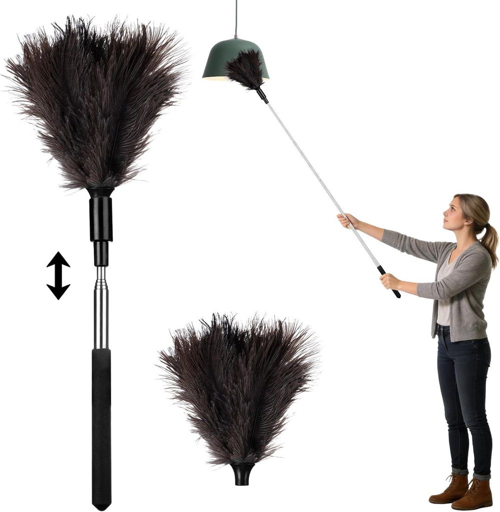 Staubwedel Straußenfedern, Staubwedel Teleskop Waschbar, Flauschige natürliche echte Federn für Decken & empfindliche Oberflächen, kratzfreies ...
