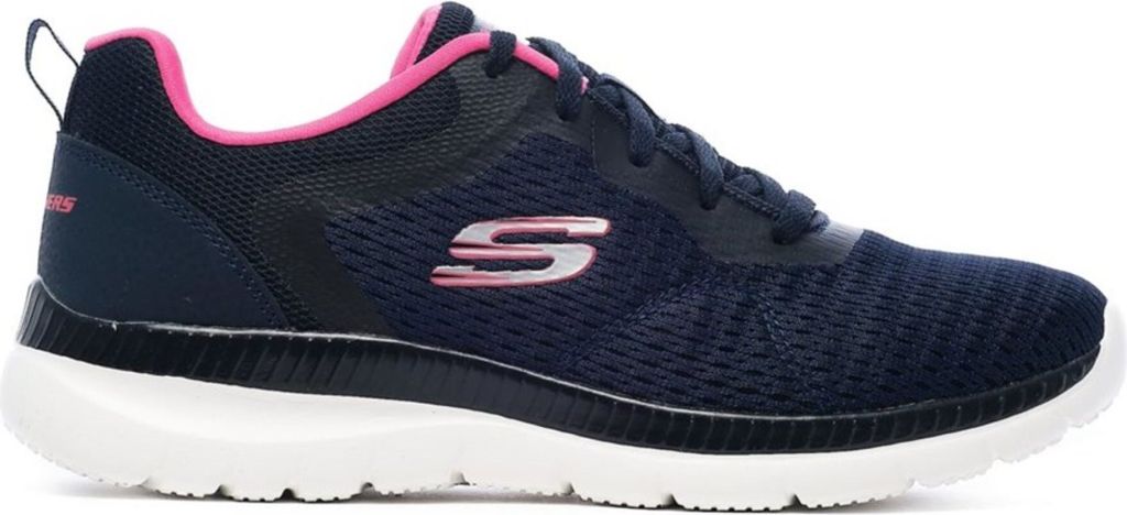 A side view of a navy and hot pink Skechers sneaker against a white background.