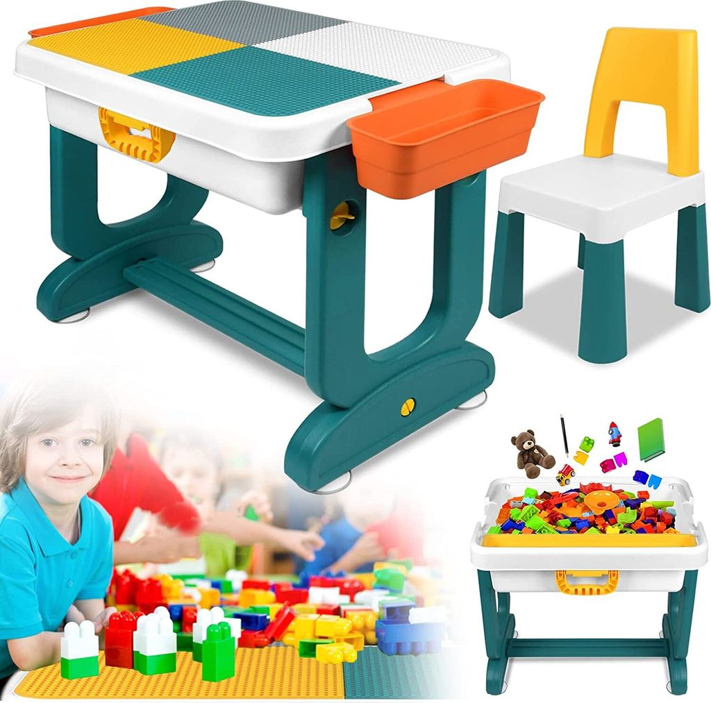 ACXIN Kindertisch mit Stühle Set Kindersitzgruppe Mehrzweck Spieltisch mit Stauraum Doppelseitiger Tischplatte (Ohne Blöcken)