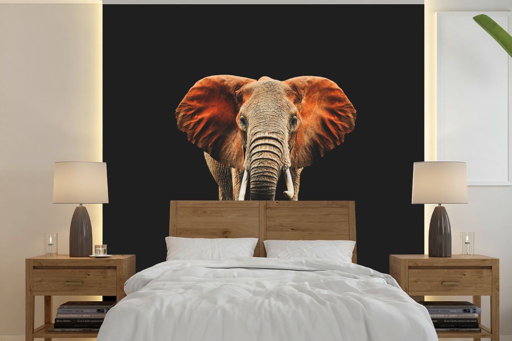 MuchoWow Fototapete für Wohnzimmer oder Schlafzimmer Wandtapete Vinyl Motivtapete Elefant - Tiere - Zähne - 350x350 cm - Schlafzimmertapete