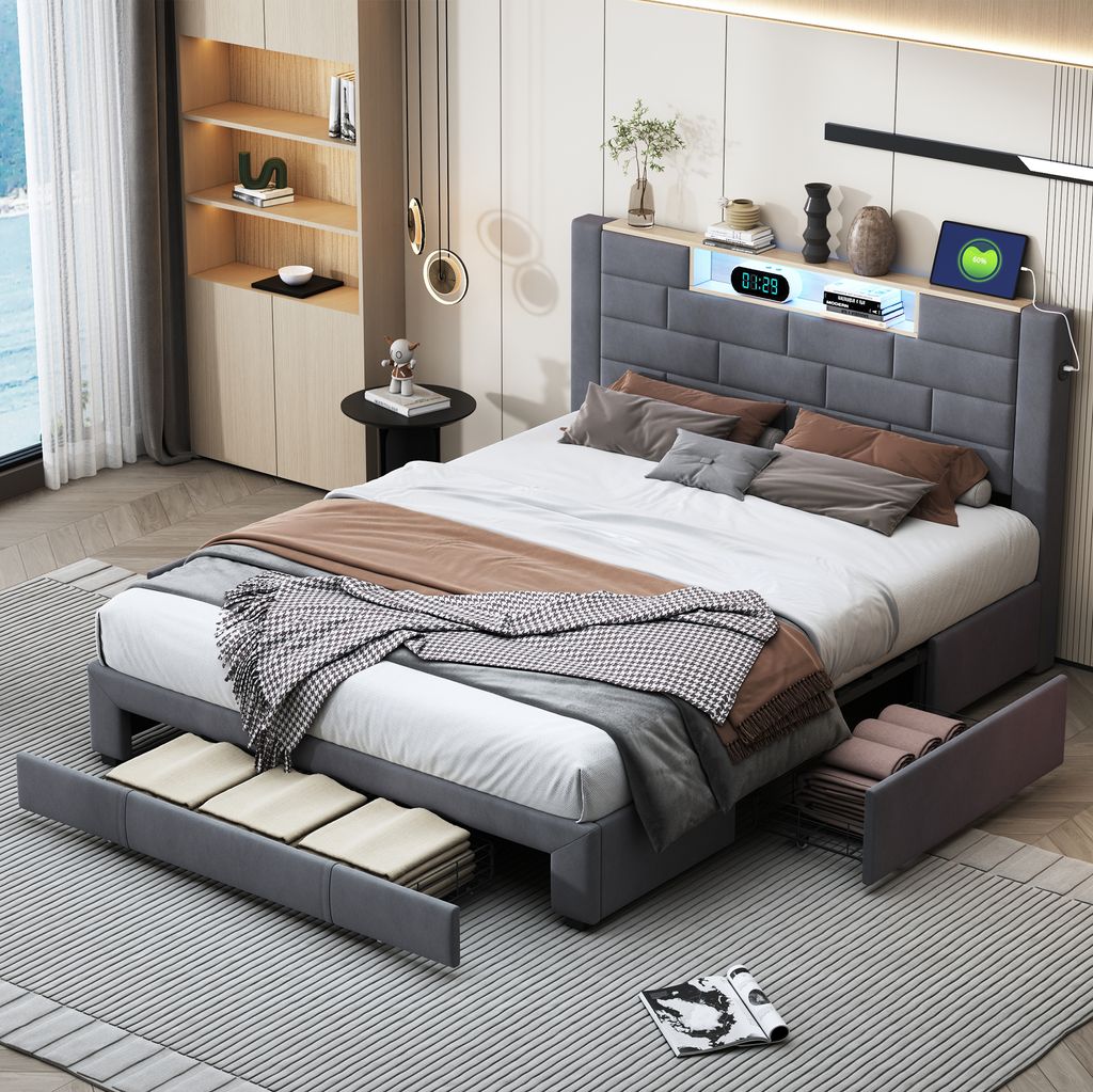 ProximaX Polsterbett 140x200 cm mit USB&Typ-c Ladefunktion, 3 Schubladen, Lattenrost und Samtbezug, Jugend- & Doppelbett, Klassisches Design