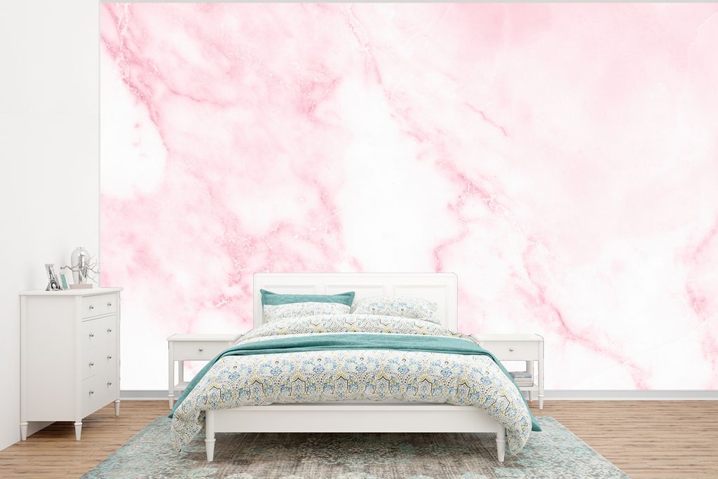 MuchoWow Fototapete für Wohnzimmer oder Schlafzimmer Wandtapete Vinyl Motivtapete Marmor - Weiß - Rosa - Chic - Marmoroptik - 400x300 cm - Papi...