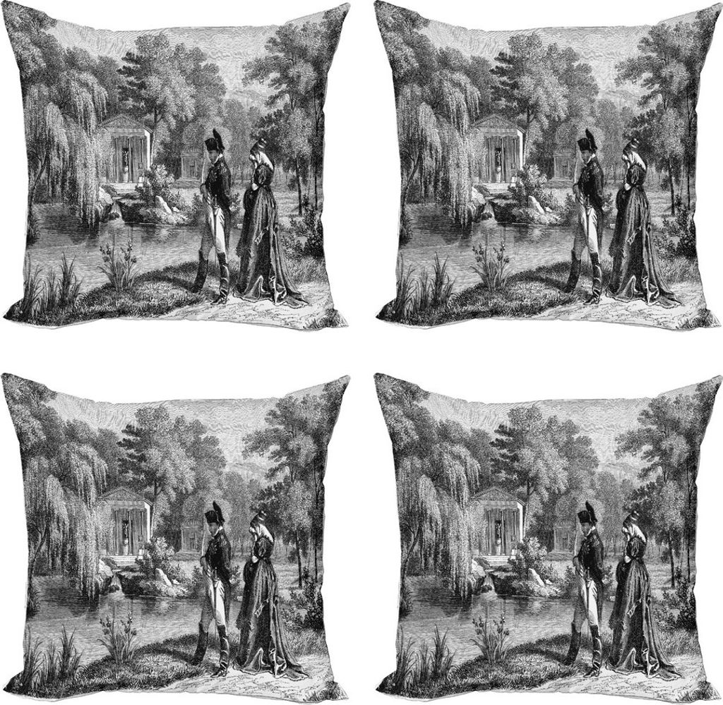 ABAKUHAUS Jahrgang Kissenbezug Set (4 Stück), Napoleon Frau Garten, Moderner Doppelseitiger Digitaldruck, 50 cm x 50 cm, Dunkelgrau Schwarz