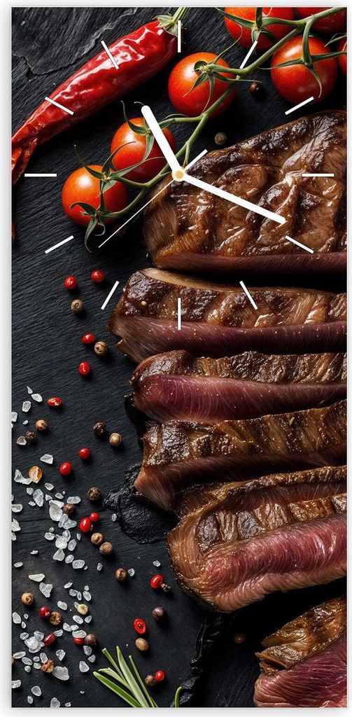 Wanduhr aus Glas mit Motiv Gegrilltes Steak Teller- 30 x 60 cm - inkl. Aufhängesystem