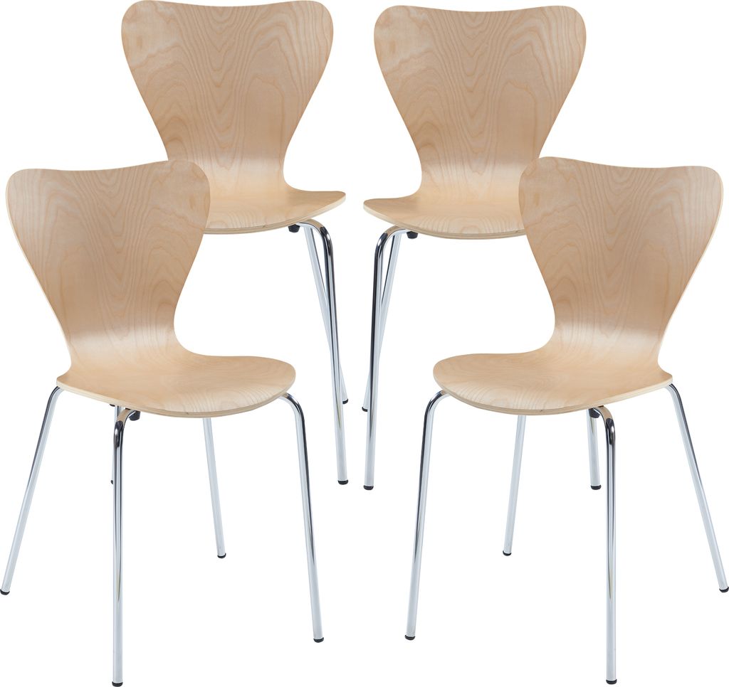 Four wooden chairs with chrome legs are arranged on a white background.